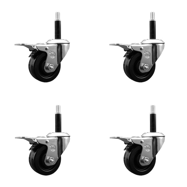 3'' Phenolic Swivel 3/4'' Expanding Stem Caster Set Total Lock Brake, 4PK